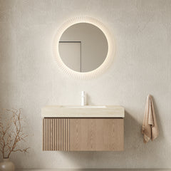 MURI 36" Bathroom Vanity&Sink, Floating Plywood Storage Cabinet with Drawer&Door, Roma Travertine Sintered Stone Top&Ceramic Basin with 1 Pre-drilled Faucet Hole, Pre-assembled, Heidelberg Woodgrain
