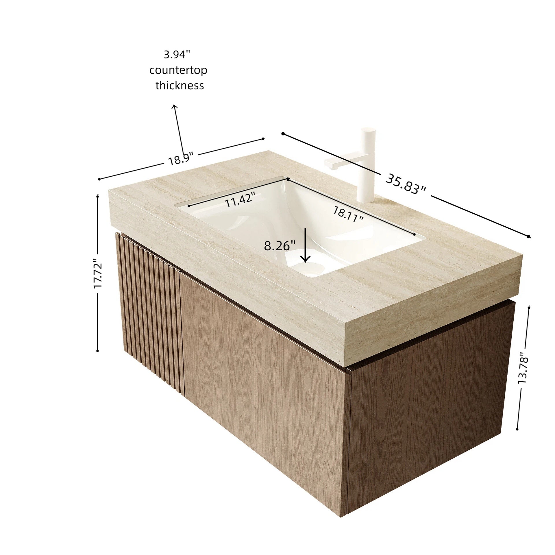 MURI 36" Bathroom Vanity&Sink, Floating Plywood Storage Cabinet with Drawer&Door, Roma Travertine Sintered Stone Top&Ceramic Basin with 1 Pre-drilled Faucet Hole, Pre-assembled, Heidelberg Woodgrain