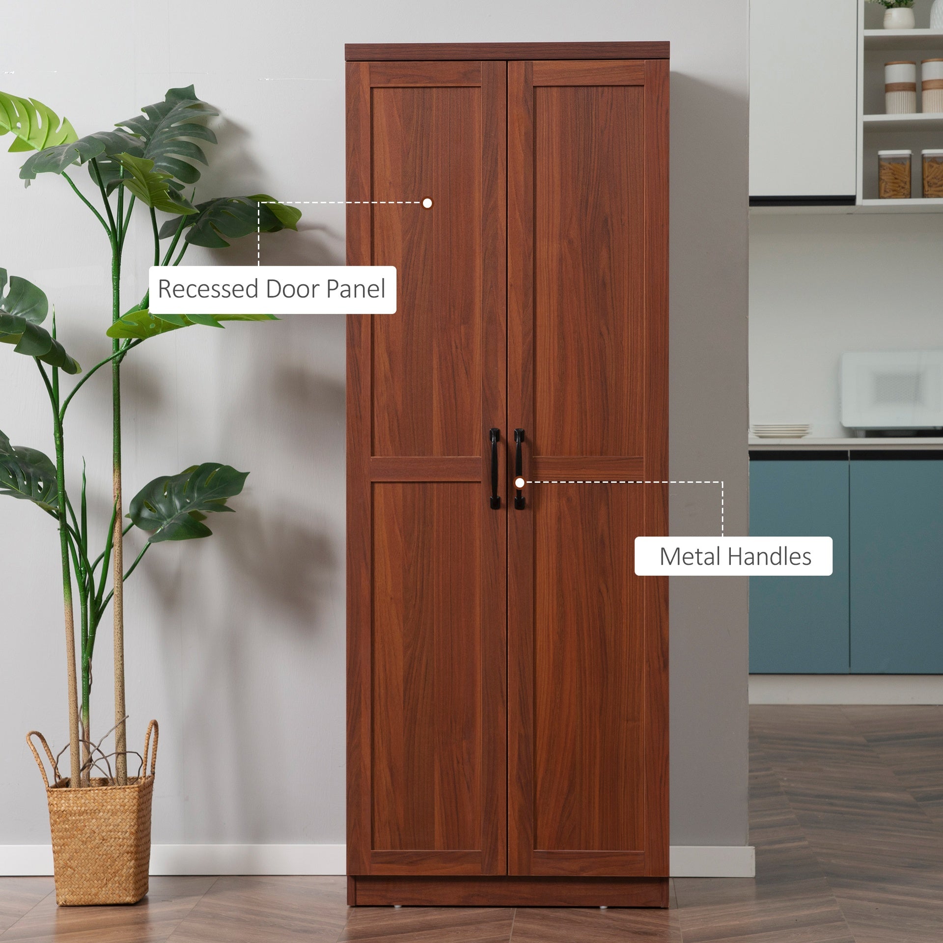 HOMCOM 63" 2-Door Kitchen Pantry, Freestanding Storage Cabinet with 5-tier Shelving and 2 Adjustable Shelves for Dining Room, Brown