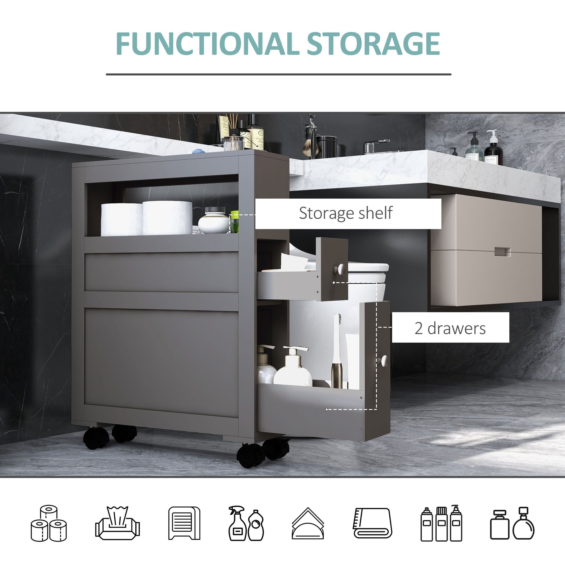 HOMCOM 6.25" x 20.5" x 28.25" Wood Rolling Narrow Bathroom Side Storage Cabinet - Gray