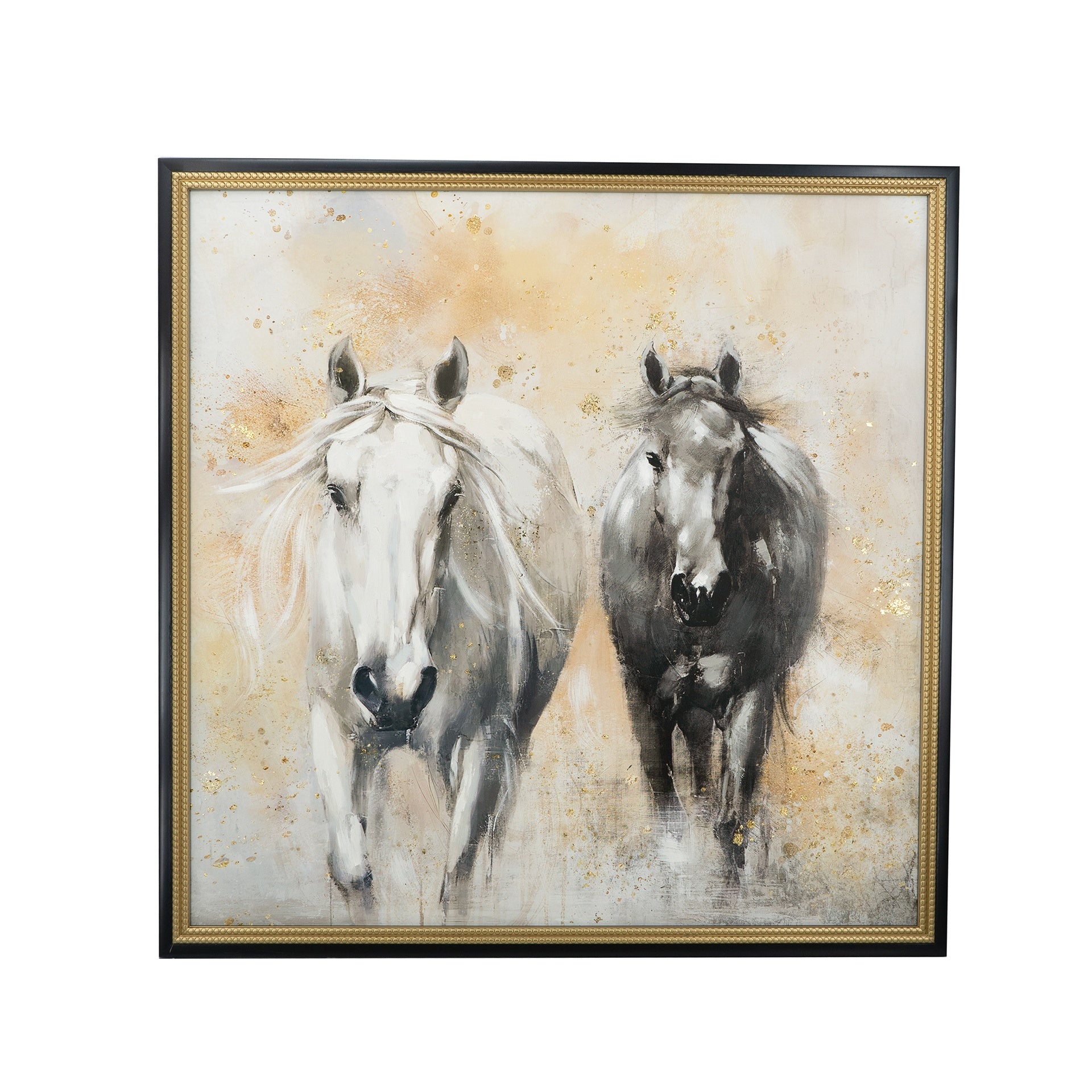 39.4x39.4" Realistic Hand-Painted White and Black Horse Canvas Art with Beige Backdrop