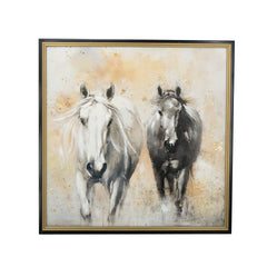 39.4x39.4" Realistic Hand-Painted White and Black Horse Canvas Art with Beige Backdrop