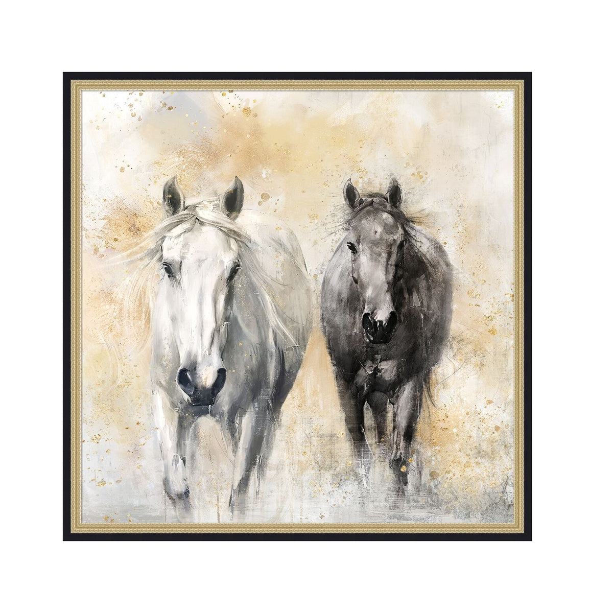 39.4x39.4" Realistic Hand-Painted White and Black Horse Canvas Art with Beige Backdrop
