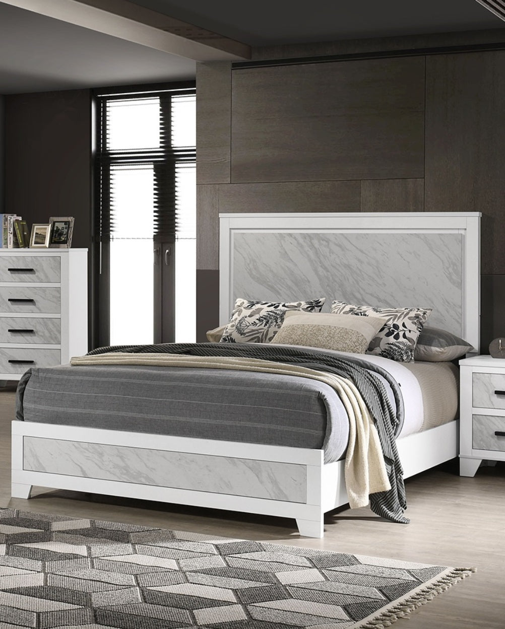 Contemporary White Color 1pc Full Size Bed Beautiful Faux Marble Look Panel Headboard FB Bedroom Furniture Rubber wood