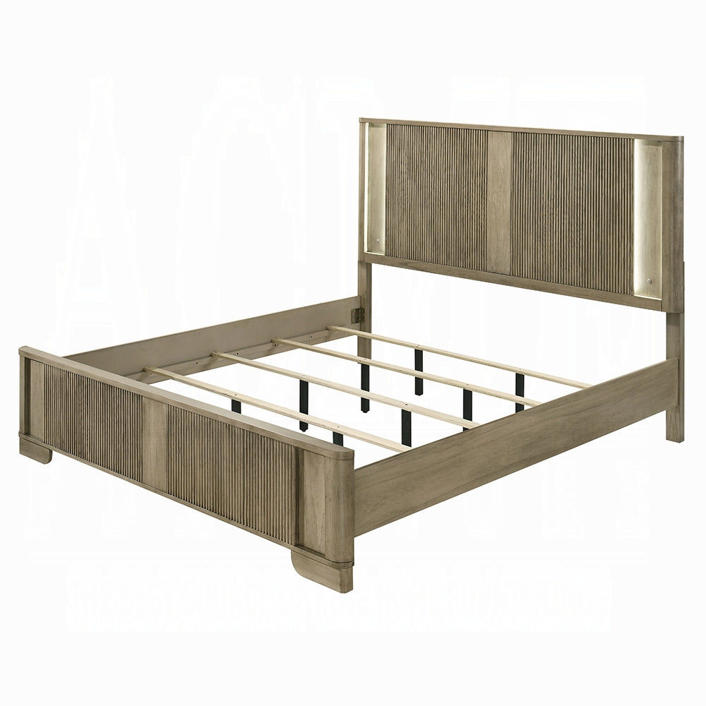 1pc Transitional Style Queen Bed with LED Light Headboard Antique Oak Finish Solid Wood Rustic Bedroom Furniture