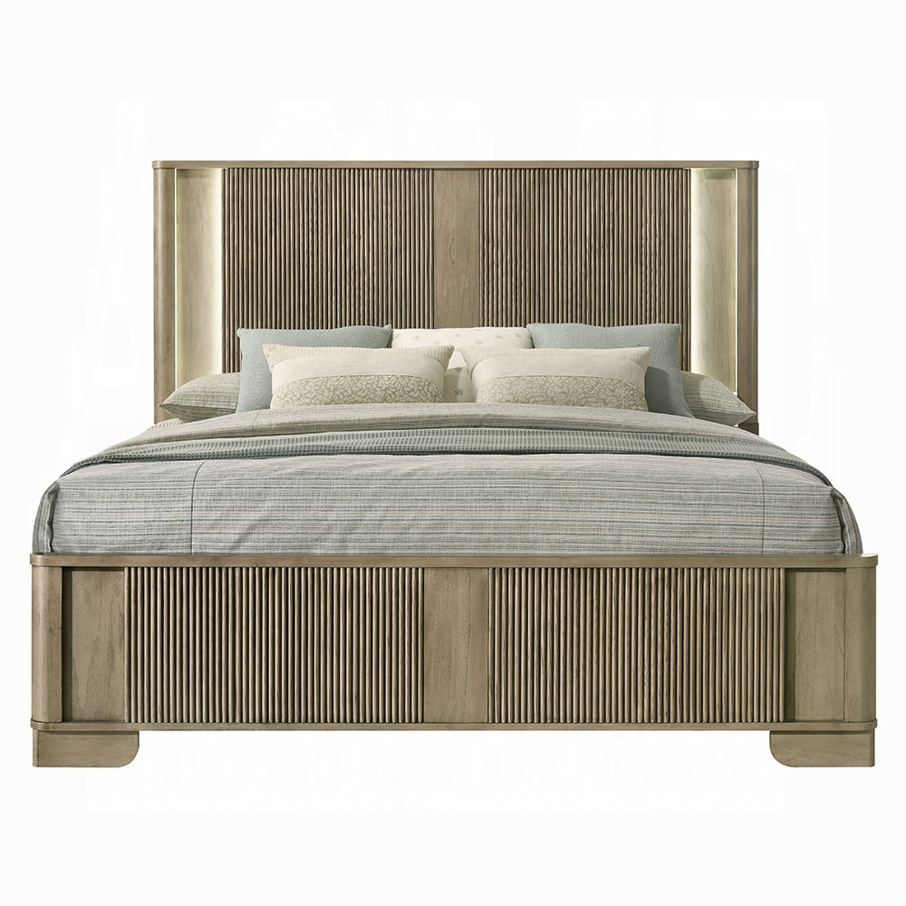 1pc Transitional Style Queen Bed with LED Light Headboard Antique Oak Finish Solid Wood Rustic Bedroom Furniture