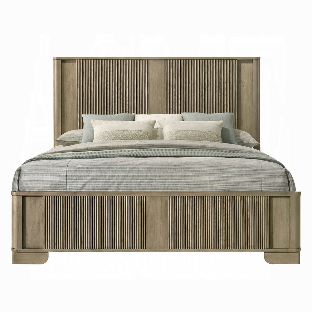 1pc Transitional Style Queen Bed with LED Light Headboard Antique Oak Finish Solid Wood Rustic Bedroom Furniture