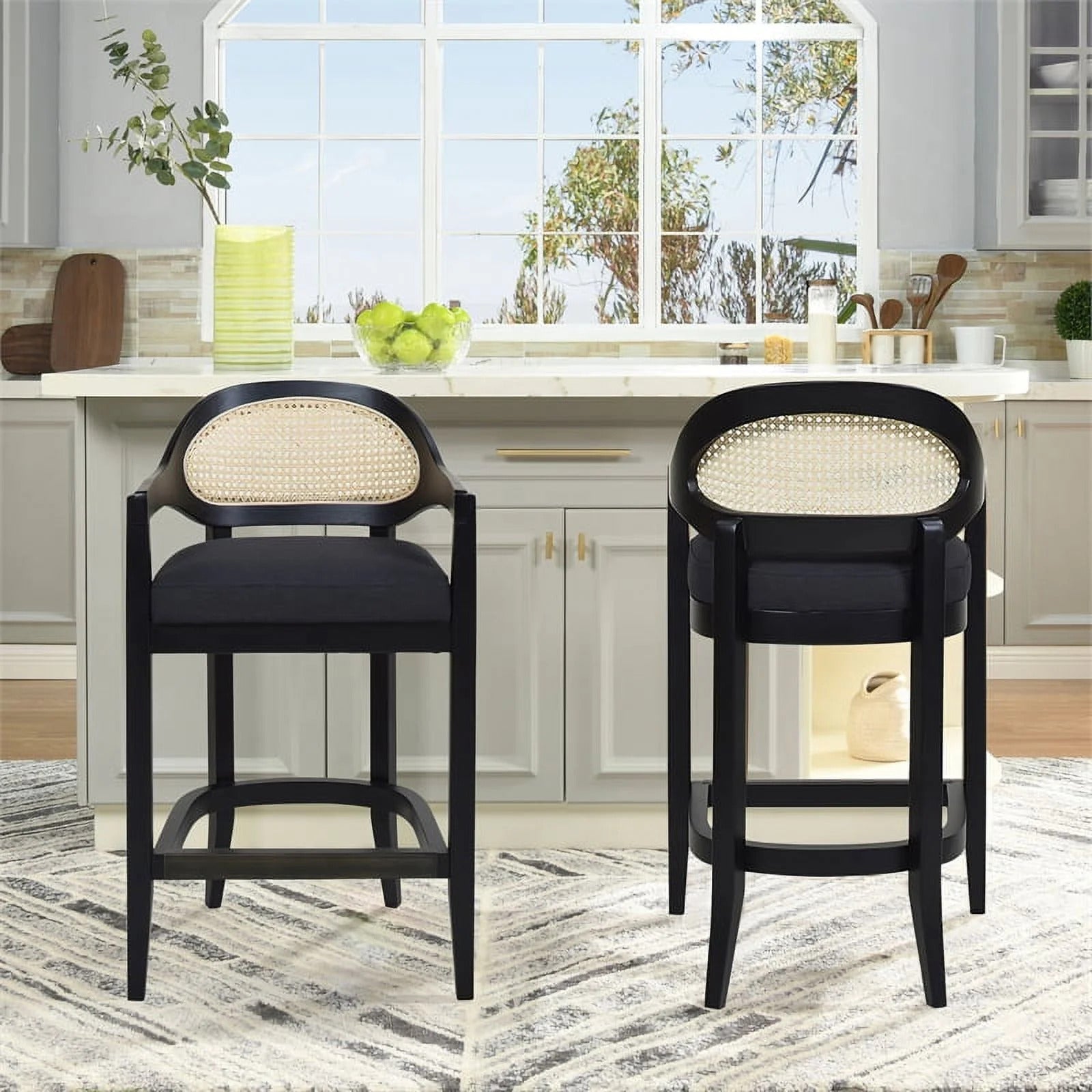 Americana Mid-Century Modern 30.5" Cane Back Bar Stool, Jet Black