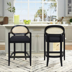 Americana Mid-Century Modern 30.5" Cane Back Bar Stool, Jet Black