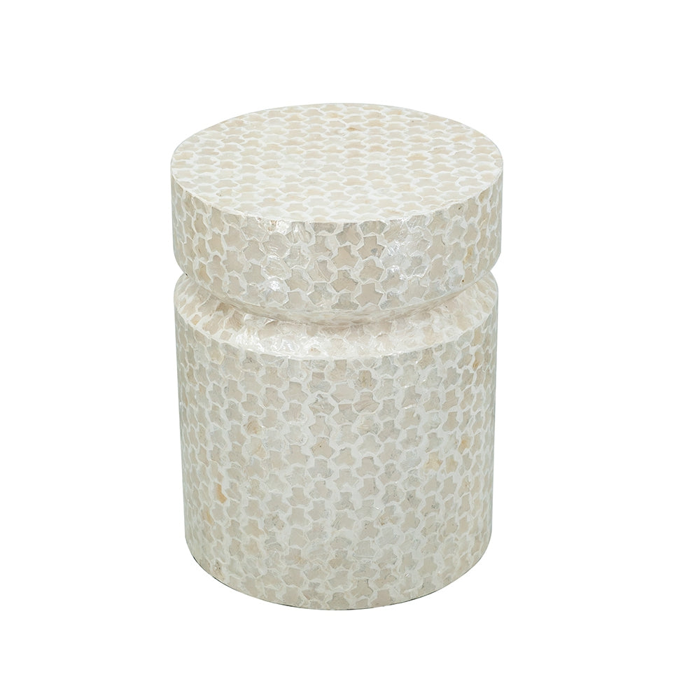 14x14x18" Round Wooden Accent Stool with White Capiz Finish
