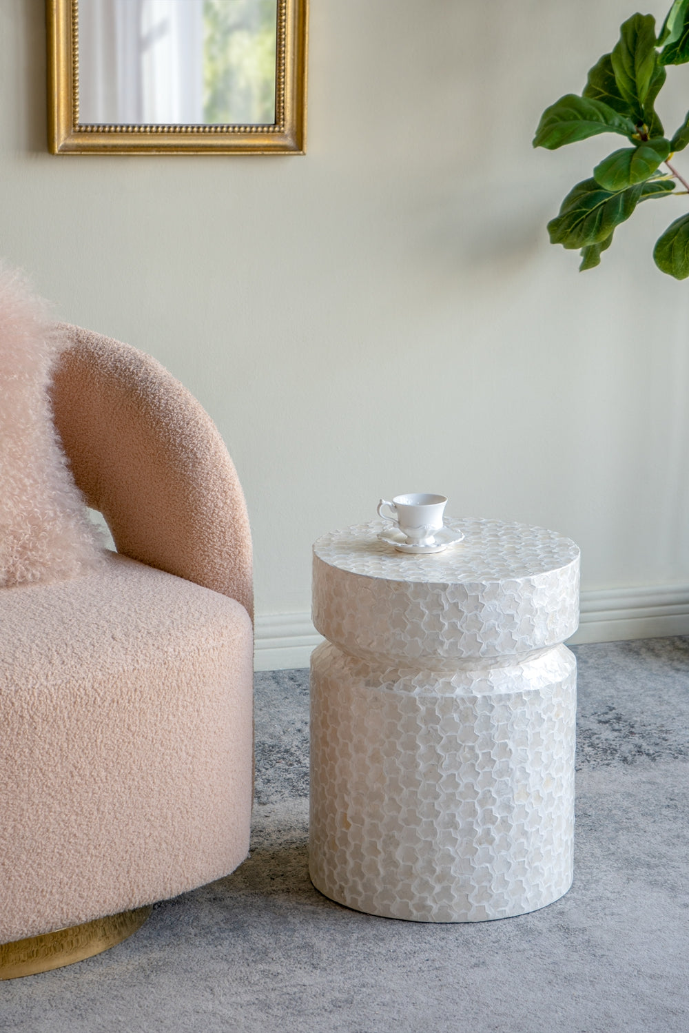 14x14x18" Round Wooden Accent Stool with White Capiz Finish