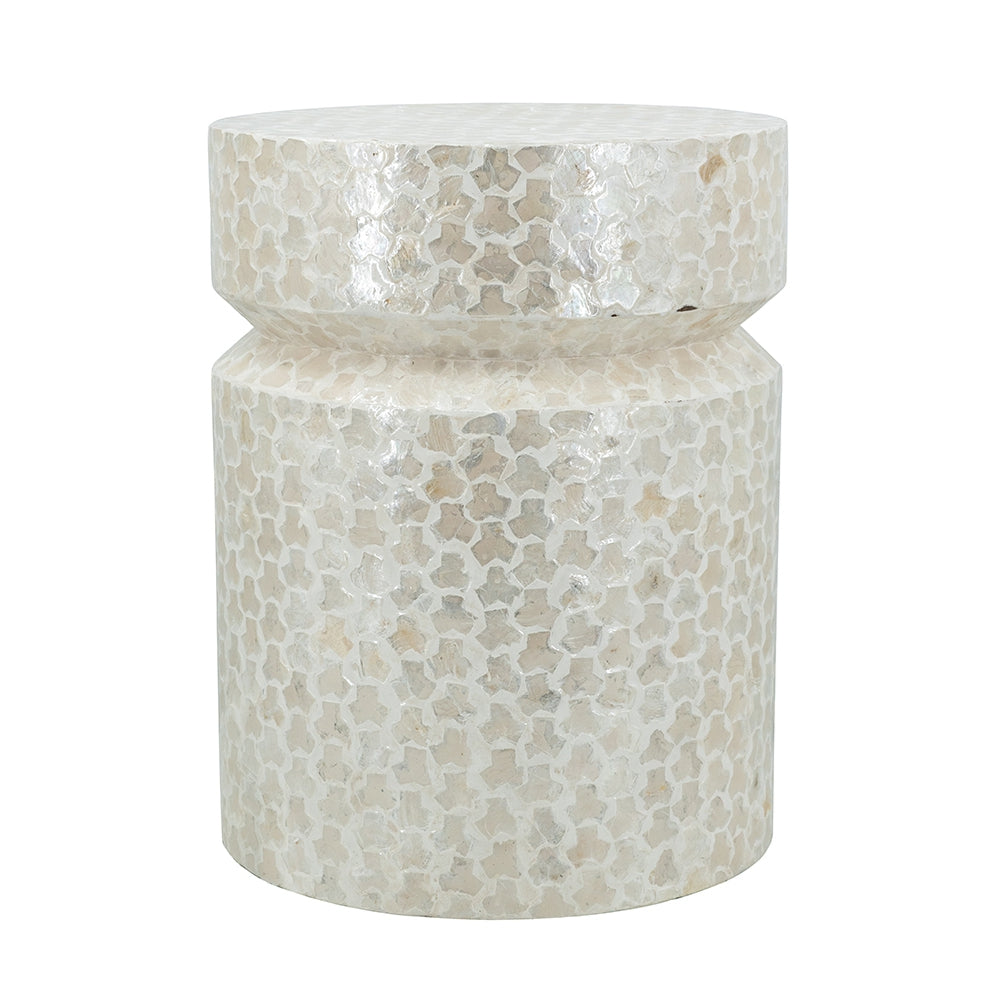 14x14x18" Round Wooden Accent Stool with White Capiz Finish