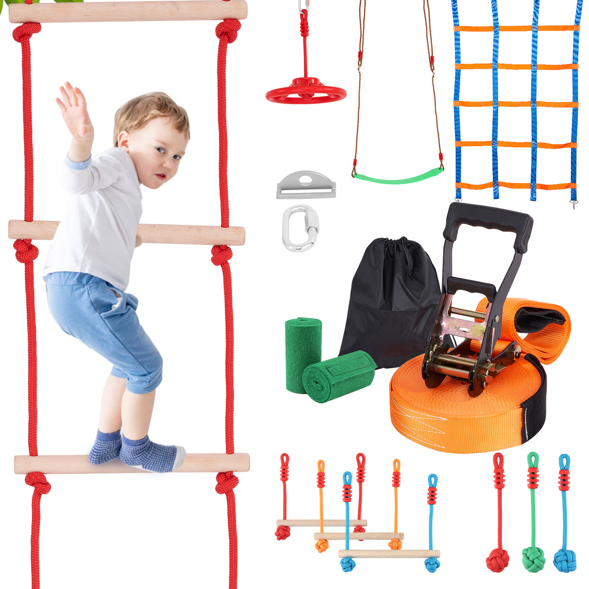 Ninja Warrior Obstacle Course for Kids, 50 ft Weatherproof Slacklines, 500lbs Weight Capacity Monkey Line, Outdoor Playset Equipment, Backyard Toys Training Equipment Set with 10 Obstacles