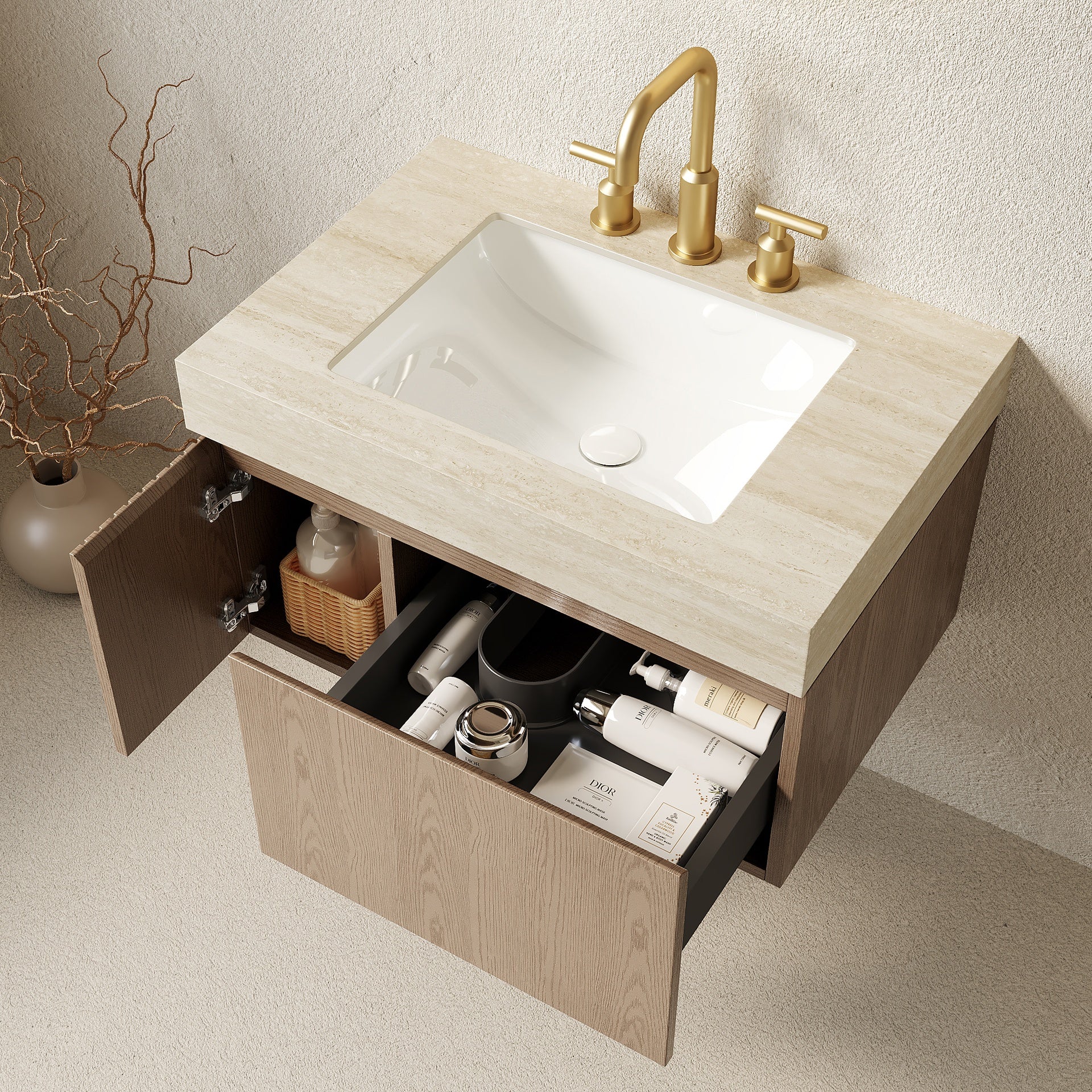 MURI 30" Bathroom Vanity&Sink, Floating Plywood Storage Cabinet with Drawer&Door, Roma Travertine Sintered Stone Top&Ceramic Basin with 3 Pre-drilled Faucet Holes, Pre-assembled, Heidelberg Woodgrain