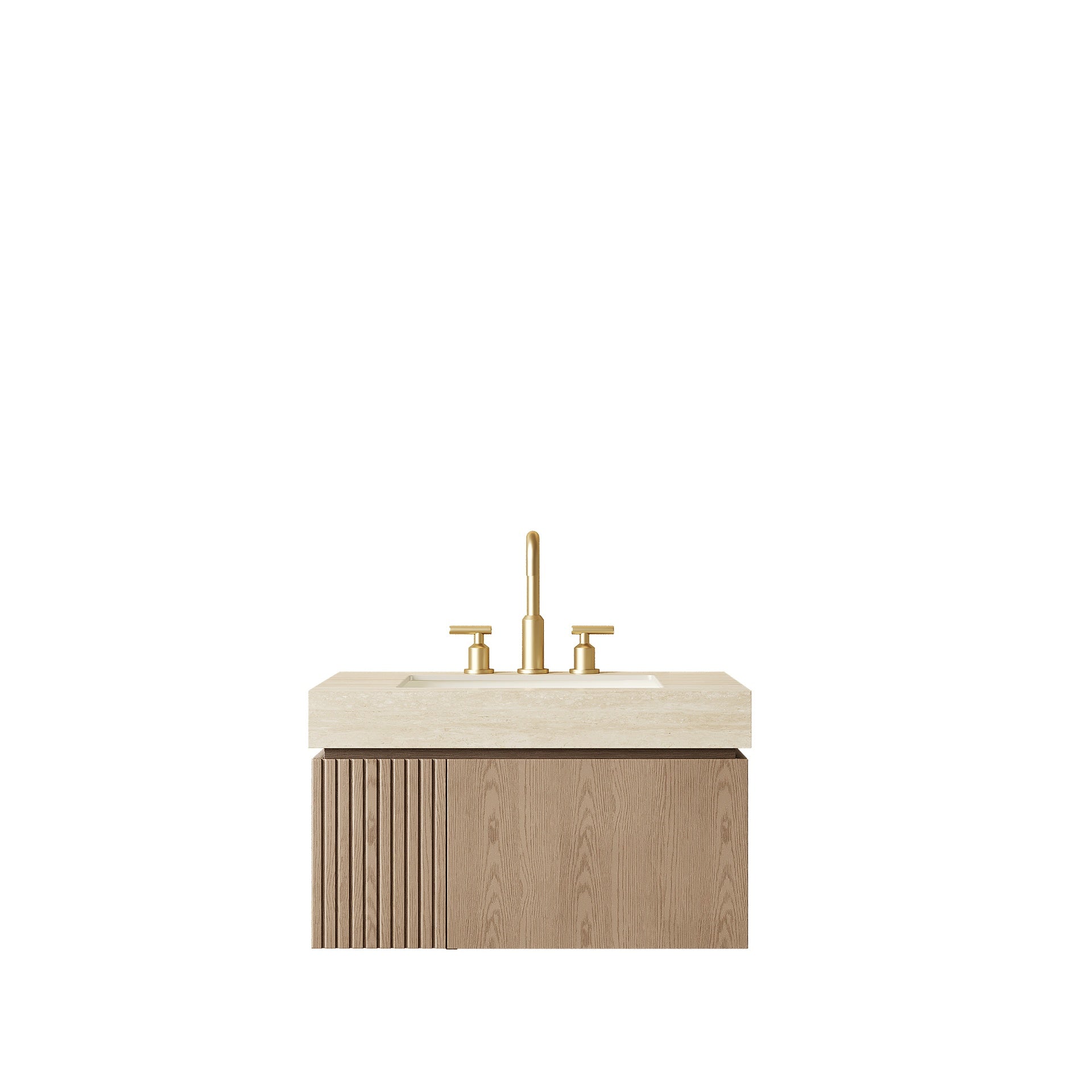 MURI 30" Bathroom Vanity&Sink, Floating Plywood Storage Cabinet with Drawer&Door, Roma Travertine Sintered Stone Top&Ceramic Basin with 3 Pre-drilled Faucet Holes, Pre-assembled, Heidelberg Woodgrain