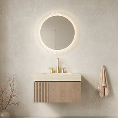 MURI 30" Bathroom Vanity&Sink, Floating Plywood Storage Cabinet with Drawer&Door, Roma Travertine Sintered Stone Top&Ceramic Basin with 3 Pre-drilled Faucet Holes, Pre-assembled, Heidelberg Woodgrain