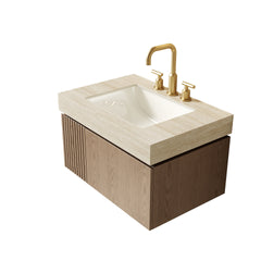 MURI 30" Bathroom Vanity&Sink, Floating Plywood Storage Cabinet with Drawer&Door, Roma Travertine Sintered Stone Top&Ceramic Basin with 3 Pre-drilled Faucet Holes, Pre-assembled, Heidelberg Woodgrain