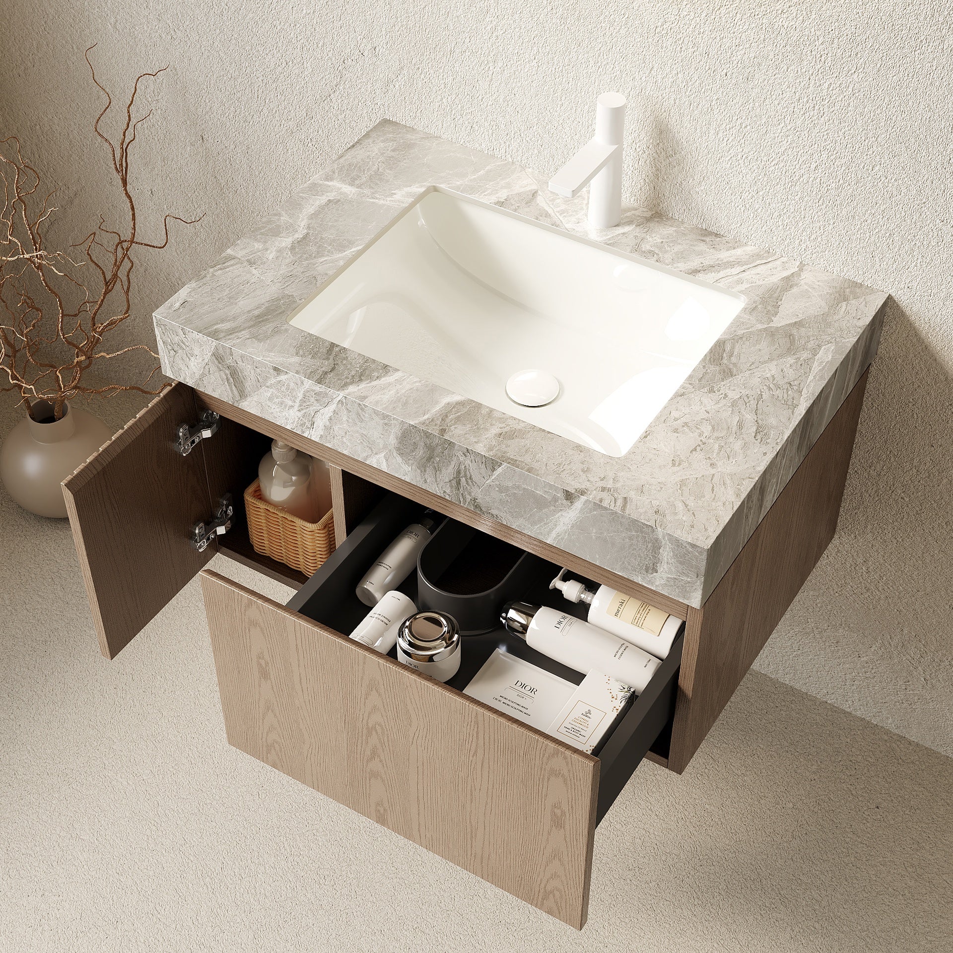 MURI 30" Bathroom Vanity&Sink, Floating Plywood Storage Cabinet with Drawer&Door, Light Gray Sintered Stone Top&Ceramic Basin with 1 Pre-drilled Faucet Hole, Pre-assembled, Heidelberg Woodgrain Color