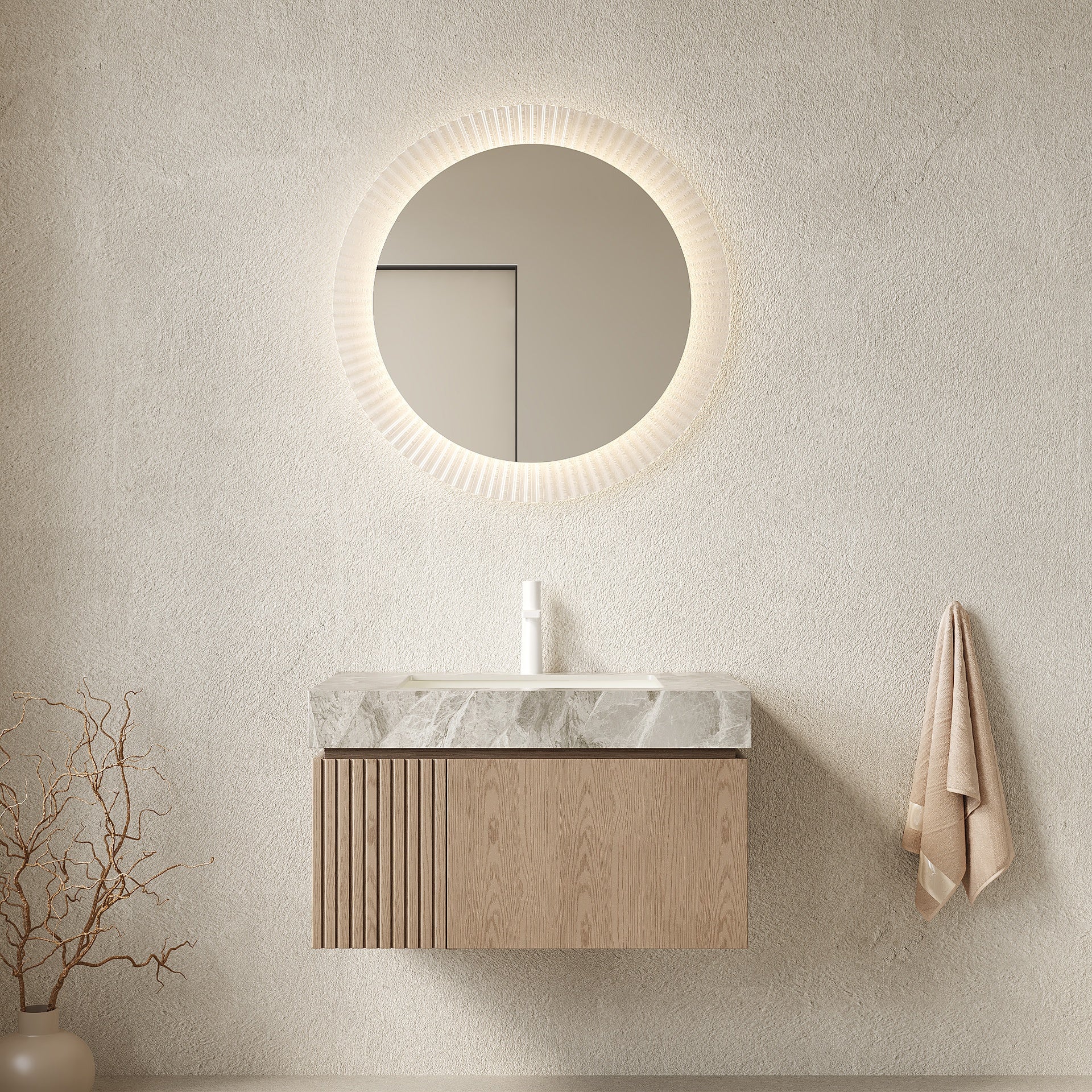 MURI 30" Bathroom Vanity&Sink, Floating Plywood Storage Cabinet with Drawer&Door, Light Gray Sintered Stone Top&Ceramic Basin with 1 Pre-drilled Faucet Hole, Pre-assembled, Heidelberg Woodgrain Color