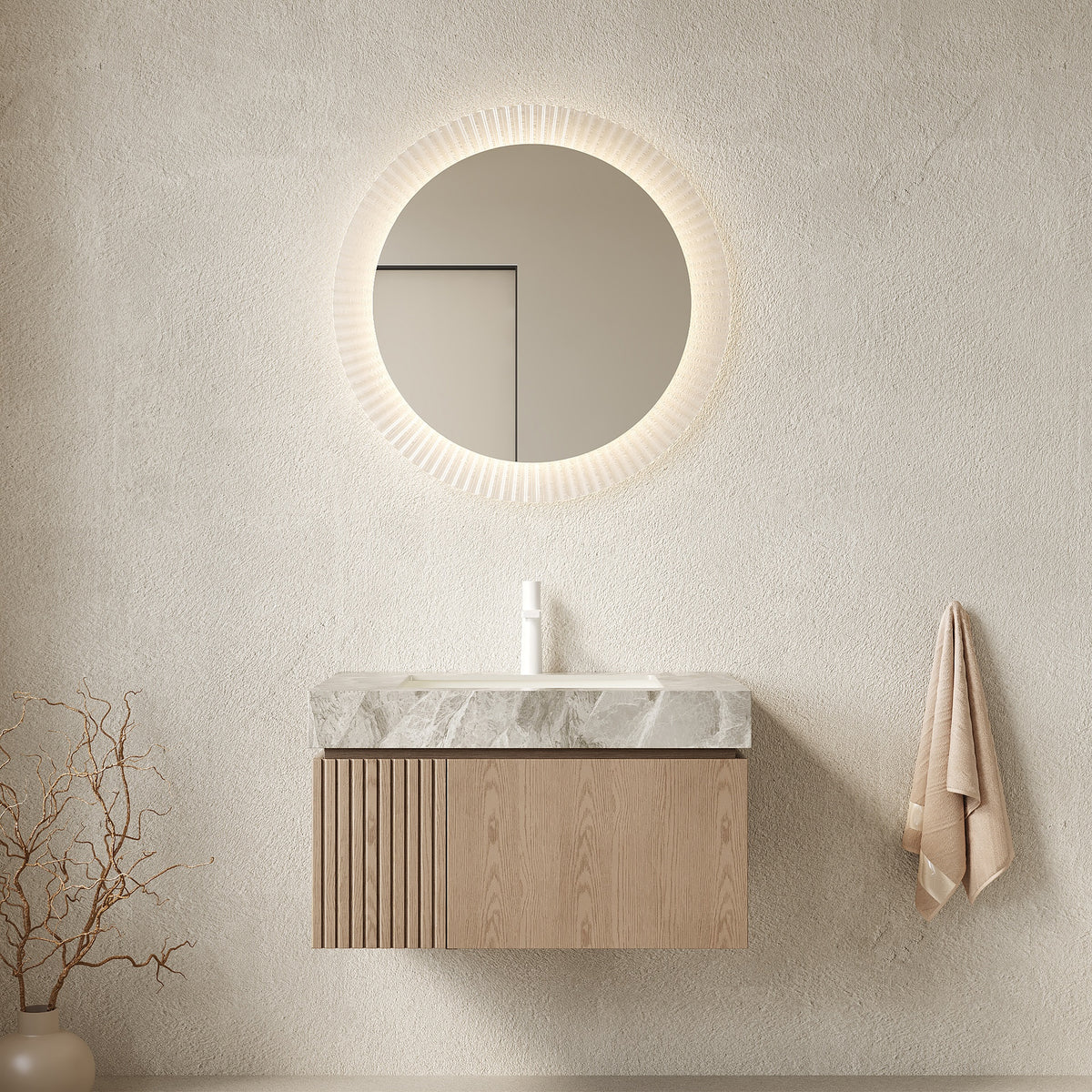 MURI 30" Bathroom Vanity&Sink, Floating Plywood Storage Cabinet with Drawer&Door, Light Gray Sintered Stone Top&Ceramic Basin with 1 Pre-drilled Faucet Hole, Pre-assembled, Heidelberg Woodgrain Color