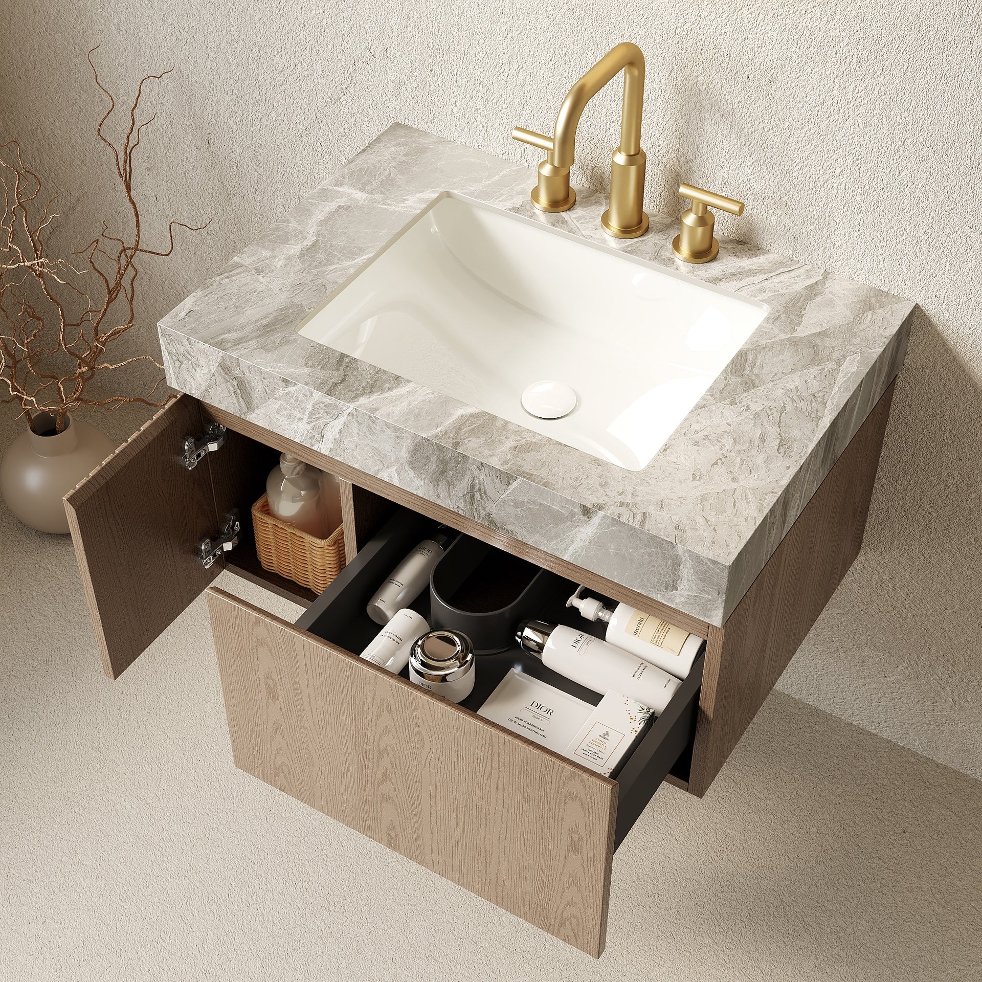 MURI 30" Bathroom Vanity&Sink, Floating Plywood Storage Cabinet with Drawer&Door, Light Gray Sintered Stone Top&Ceramic Basin with 3 Pre-drilled Faucet Holes, Pre-assembled, Heidelberg Woodgrain Color