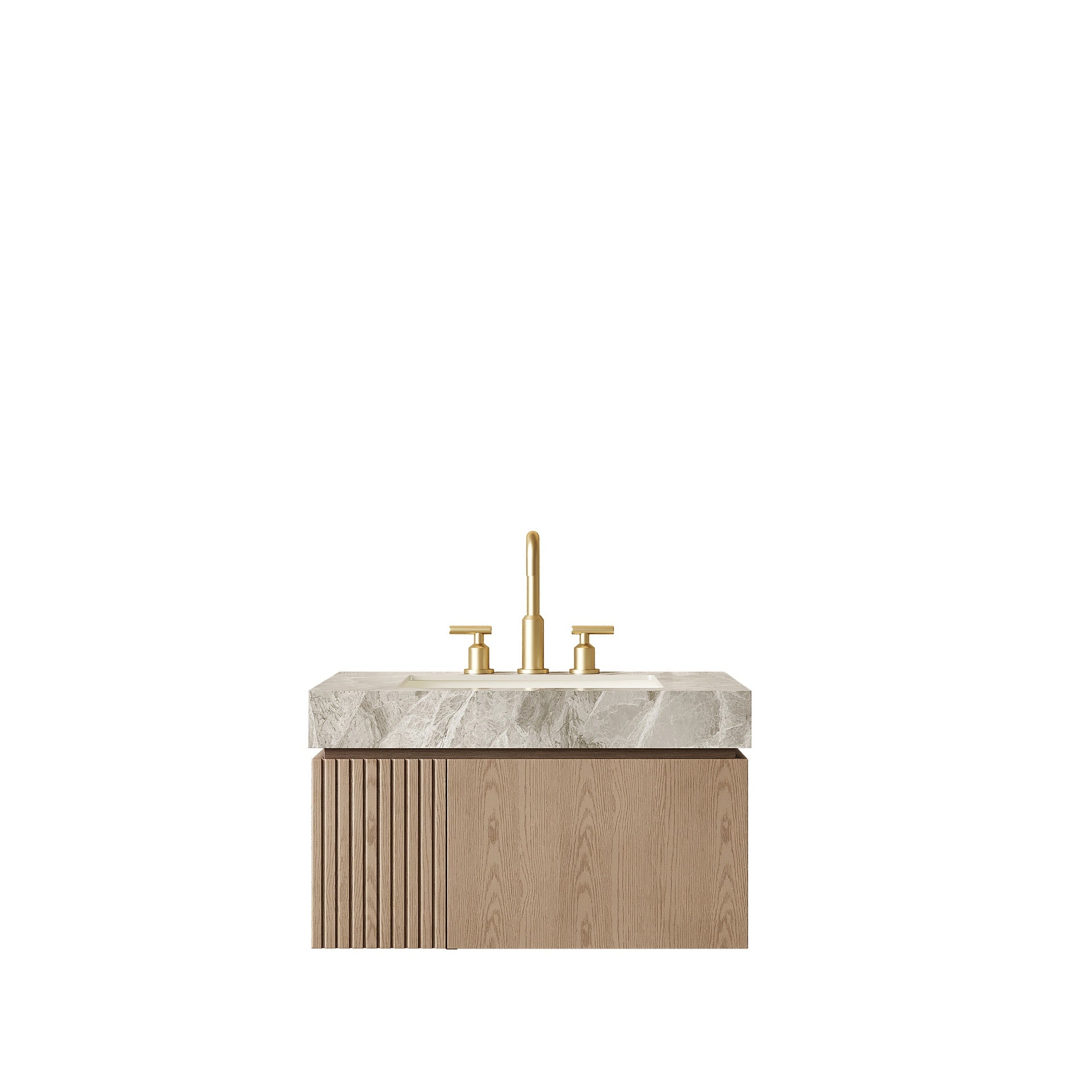 MURI 30" Bathroom Vanity&Sink, Floating Plywood Storage Cabinet with Drawer&Door, Light Gray Sintered Stone Top&Ceramic Basin with 3 Pre-drilled Faucet Holes, Pre-assembled, Heidelberg Woodgrain Color