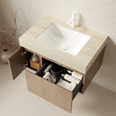 MURI 30" Bathroom Vanity&Sink, Floating Plywood Storage Cabinet with Drawer&Door, Roma Travertine Sintered Stone Top&Ceramic Basin with 1 Pre-drilled Faucet Hole, Pre-assembled, Heidelberg Woodgrain