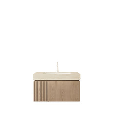 MURI 30" Bathroom Vanity&Sink, Floating Plywood Storage Cabinet with Drawer&Door, Roma Travertine Sintered Stone Top&Ceramic Basin with 1 Pre-drilled Faucet Hole, Pre-assembled, Heidelberg Woodgrain