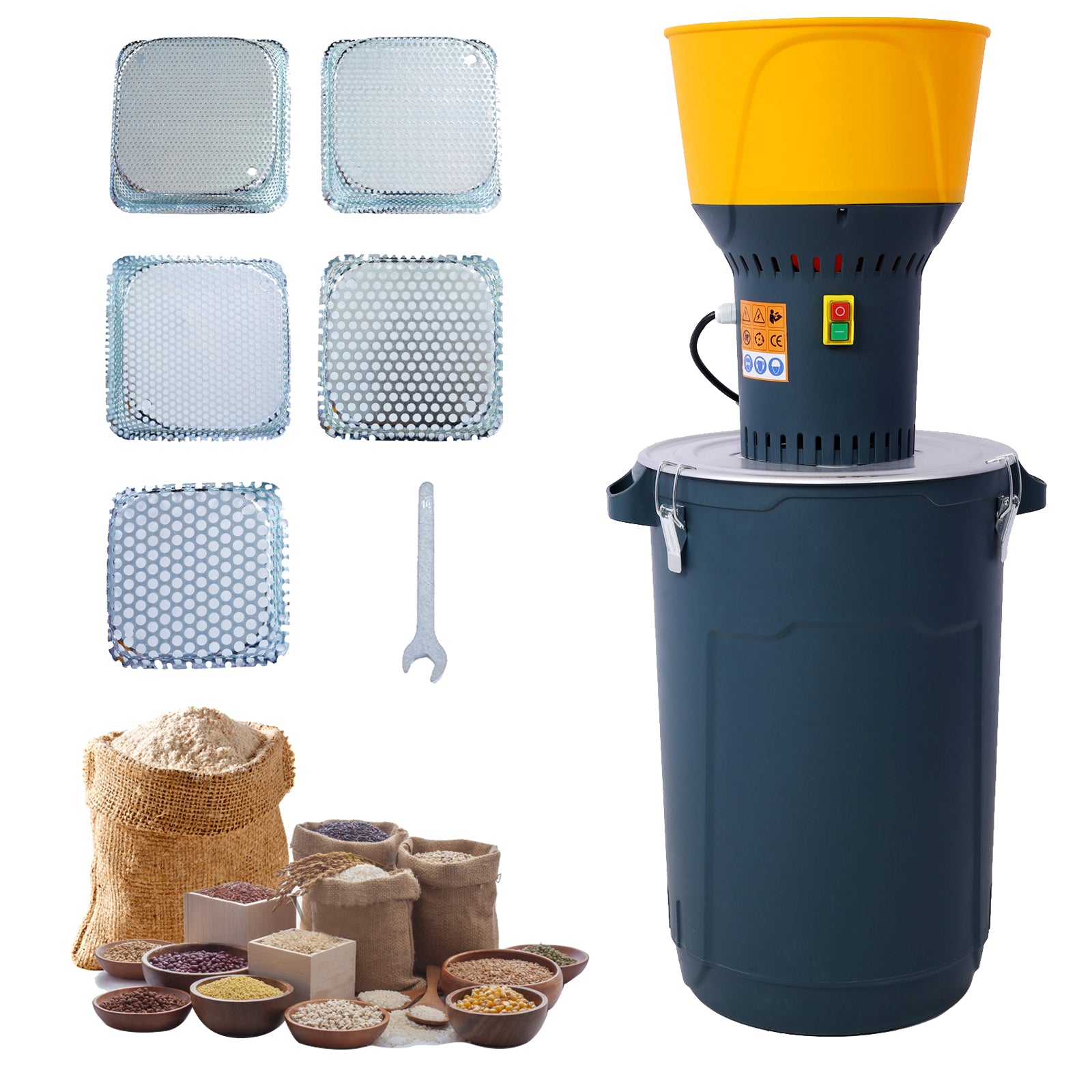 60L  Grain Mill Grinder Electric Corn Grinder, Grain mills Mill Flour Mills Molino de Maiz, Farm Home Electric Grinder for Corn Grain Feed, Wheat Grinder with 5 Grinder Sieves+1Wrench