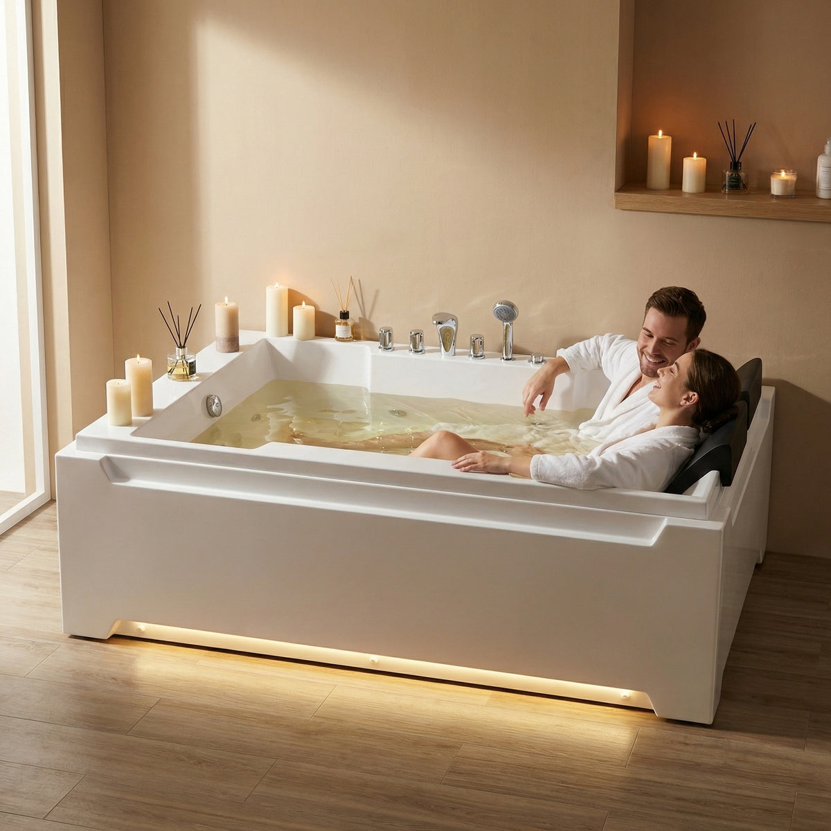 X-031 Whirlpool Tub,73" x 48" Jetted Bathtub for 2 Person, Hydro Massage & Chromatherapy,UL Certified,UPC Certified,3 Sided Apron,Acrylic ,110 Gallons,Left Drain