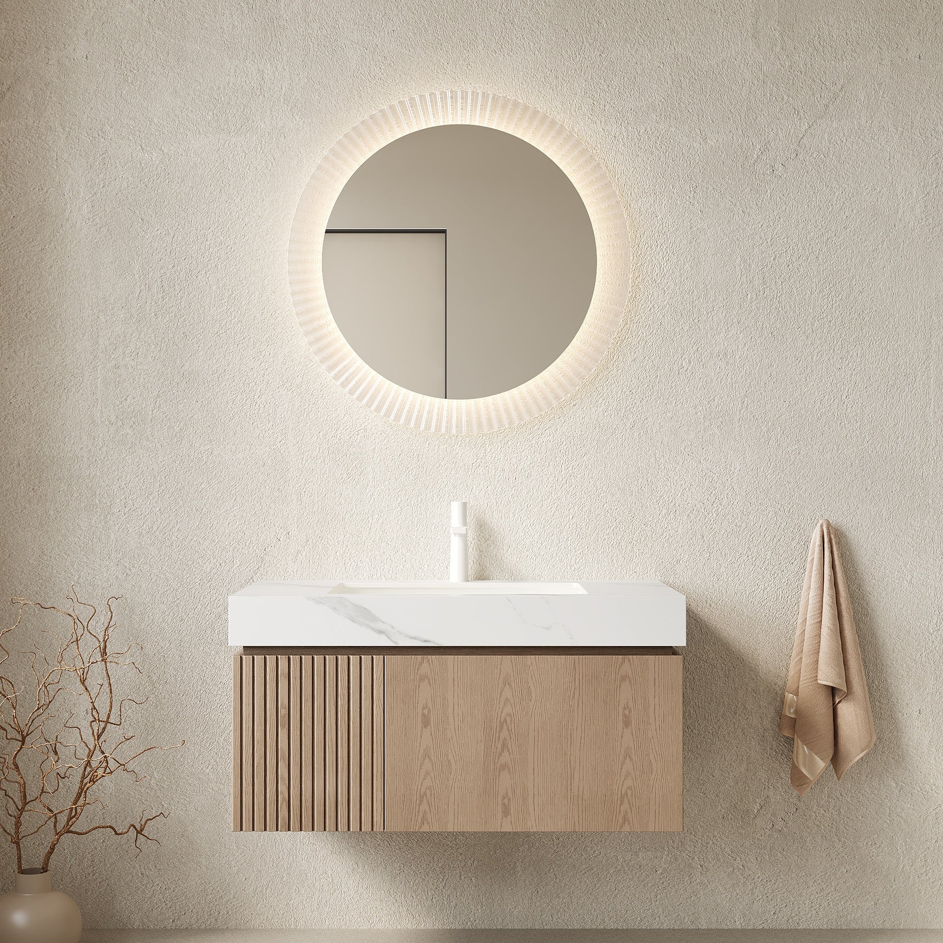 MURI 36" Bathroom Vanity&Sink, Floating Plywood Storage Cabinet with Drawer&Door, Carrara White Sintered Stone Top&Ceramic Basin with 1 Pre-drilled Faucet Hole, Pre-assembled, Heidelberg Woodgrain