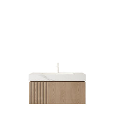 MURI 36" Bathroom Vanity&Sink, Floating Plywood Storage Cabinet with Drawer&Door, Carrara White Sintered Stone Top&Ceramic Basin with 1 Pre-drilled Faucet Hole, Pre-assembled, Heidelberg Woodgrain