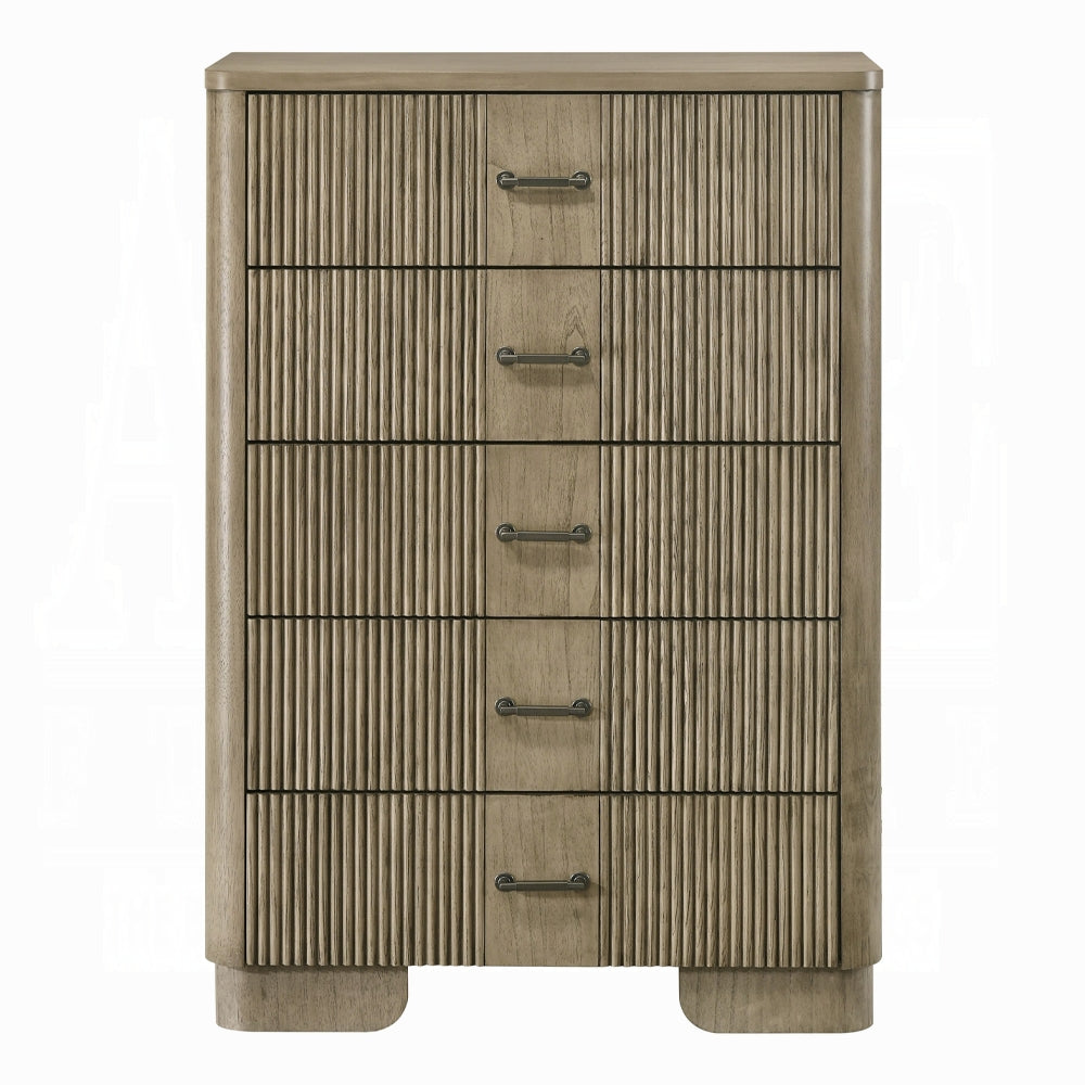 1pc Transitional Style Chest with 5x Storage Drawers Reeded Front Antique Oak Finish Wooden Rustic Bedroom Furniture