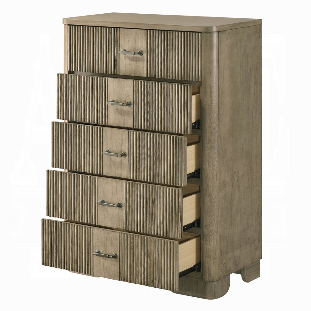 1pc Transitional Style Chest with 5x Storage Drawers Reeded Front Antique Oak Finish Wooden Rustic Bedroom Furniture
