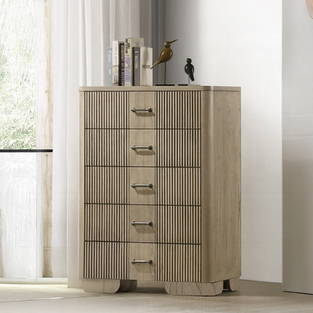 1pc Transitional Style Chest with 5x Storage Drawers Reeded Front Antique Oak Finish Wooden Rustic Bedroom Furniture