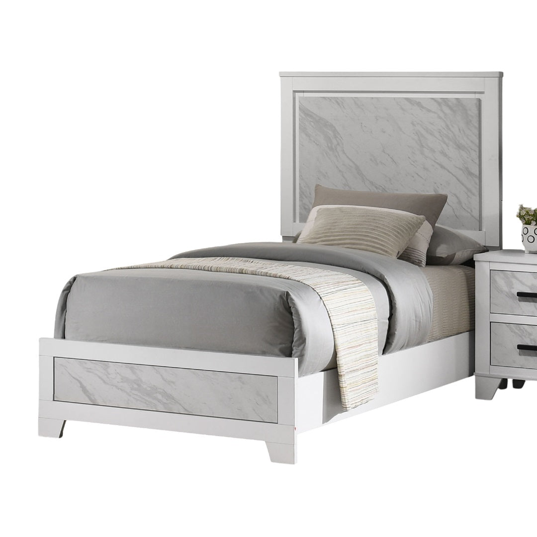 Contemporary White Color 1pc Twin Size Bed Beautiful Faux Marble Look Panel Headboard FB Bedroom Furniture Rubber wood