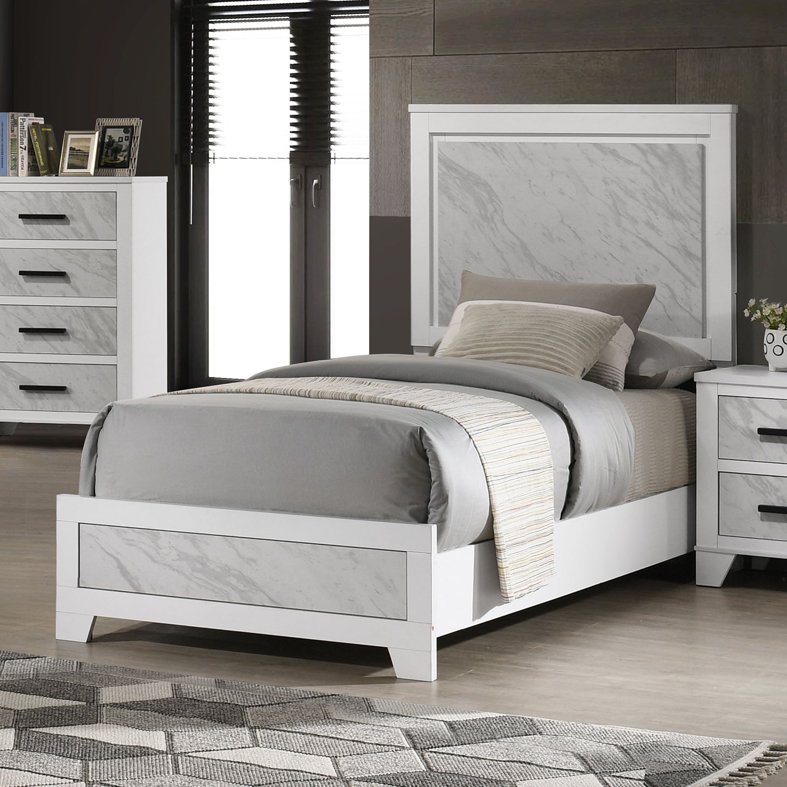 Contemporary White Color 1pc Twin Size Bed Beautiful Faux Marble Look Panel Headboard FB Bedroom Furniture Rubber wood
