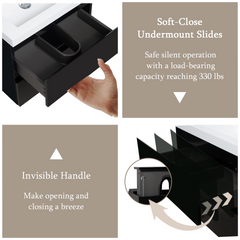 24" Floating Bathroom Vanity with Sink, Wall-Mounted Bathroom Storage Cabinet with Solid Surface Top Basin and Soft Close Drawers Fully Assembled, Glossy Black 24V11-24GB-W1920P385471