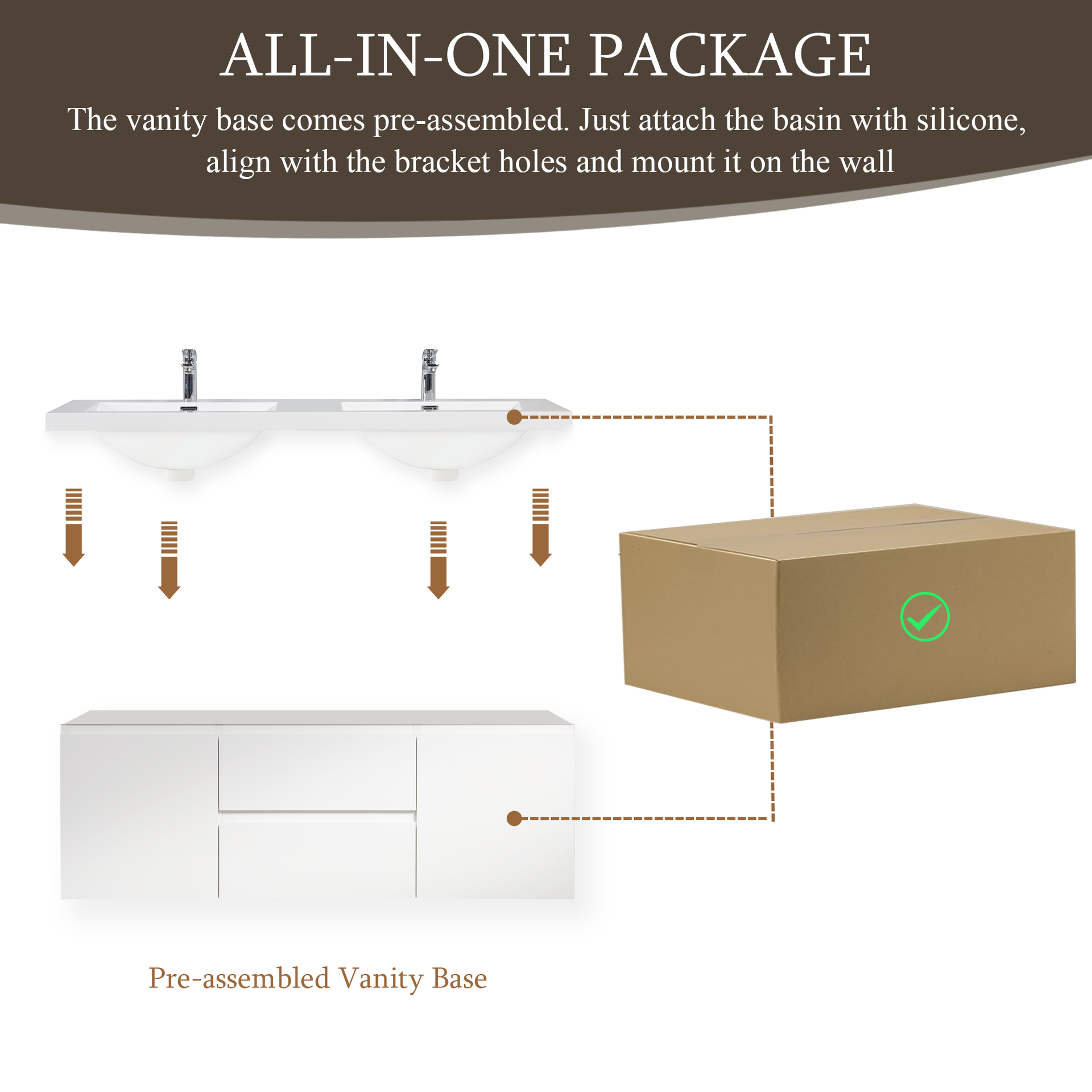 60" Floating Bathroom Vanity with Sink, Wall-Mounted Storage Cabinet with Solid Surface Top Basin and Two Soft Close Drawers Fully Assembled, Glossy White 24V11-60DGW-W1920P385495