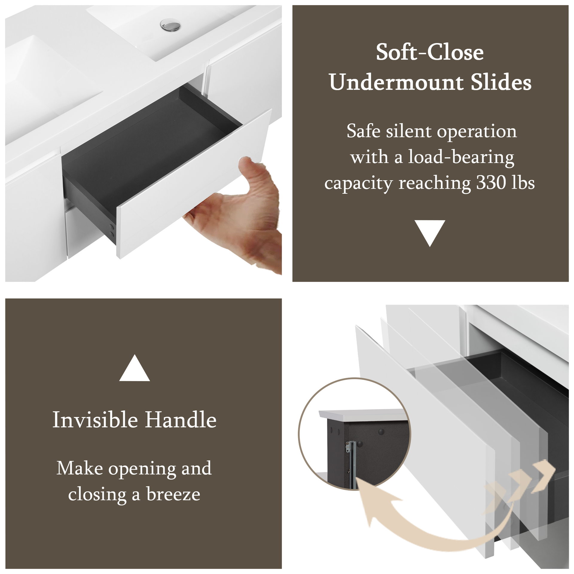 60" Floating Bathroom Vanity with Sink, Wall-Mounted Storage Cabinet with Solid Surface Top Basin and Two Soft Close Drawers Fully Assembled, Glossy White 24V11-60DGW-W1920P385495