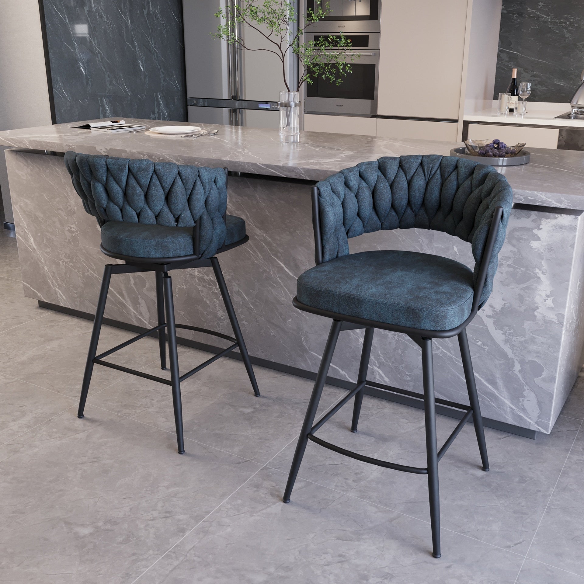 26" Bar Chair Suede Woven Bar Stool Set of 2,Black legs Barstools No Adjustable Kitchen Island Chairs,360 Swivel Bar Stools Upholstered Bar Chair Counter Stool Arm Chairs with Back Footrest (Blue)