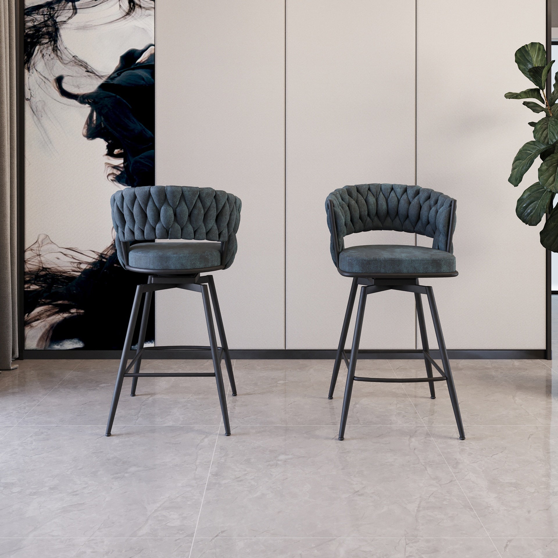 26" Bar Chair Suede Woven Bar Stool Set of 2,Black legs Barstools No Adjustable Kitchen Island Chairs,360 Swivel Bar Stools Upholstered Bar Chair Counter Stool Arm Chairs with Back Footrest (Blue)