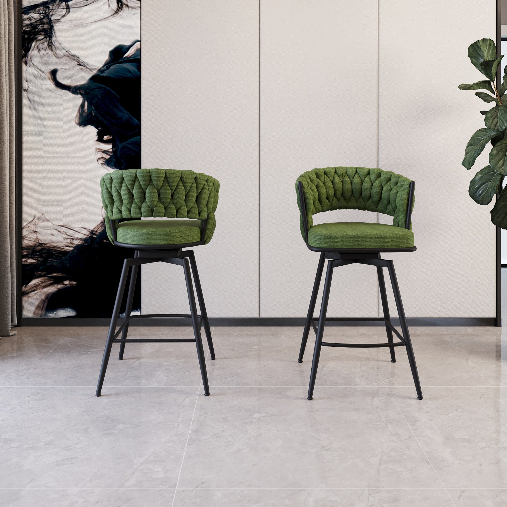 26" Bar Chair Linen Woven Bar Stool Set of 2,Black legs Barstools No Adjustable Kitchen Island Chairs,360 Swivel Bar Stools Upholstered Bar Chair Counter Stool Arm Chairs with Back Footrest (Green)