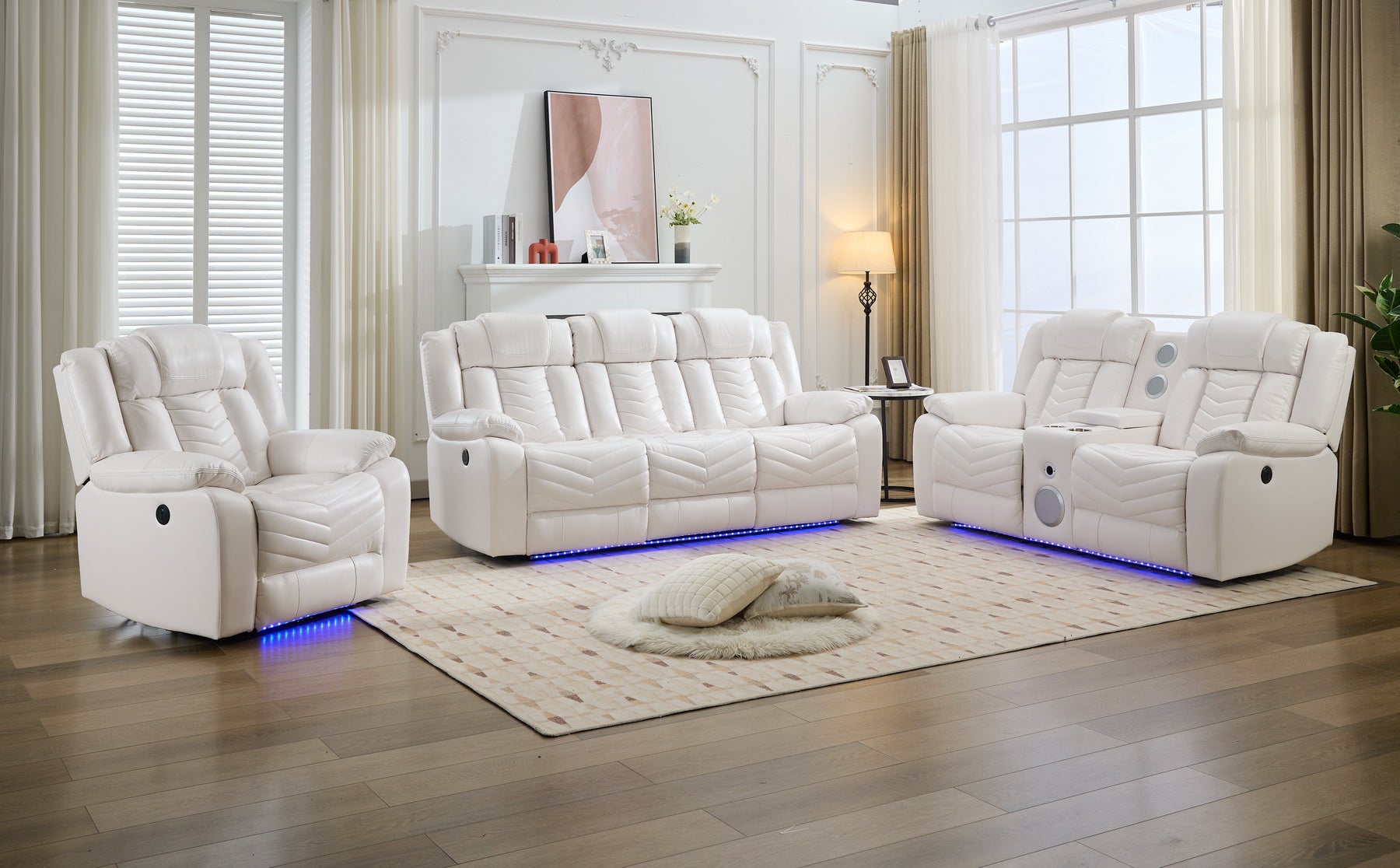 MS Power M073 321 3 Pieces Power Reclining Sofa Sets,Technical leather Power reclining Loveseat Power recliner w/ wireless charger / LED strip for Living Room,White