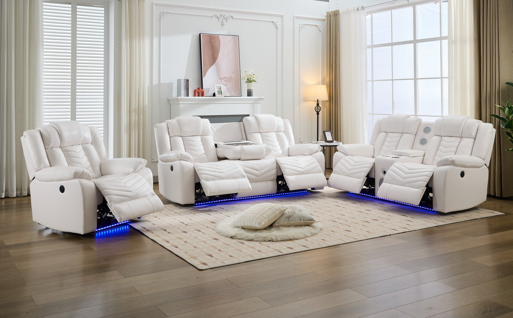 MS Power M073 321 3 Pieces Power Reclining Sofa Sets,Technical leather Power reclining Loveseat Power recliner w/ wireless charger / LED strip for Living Room,White