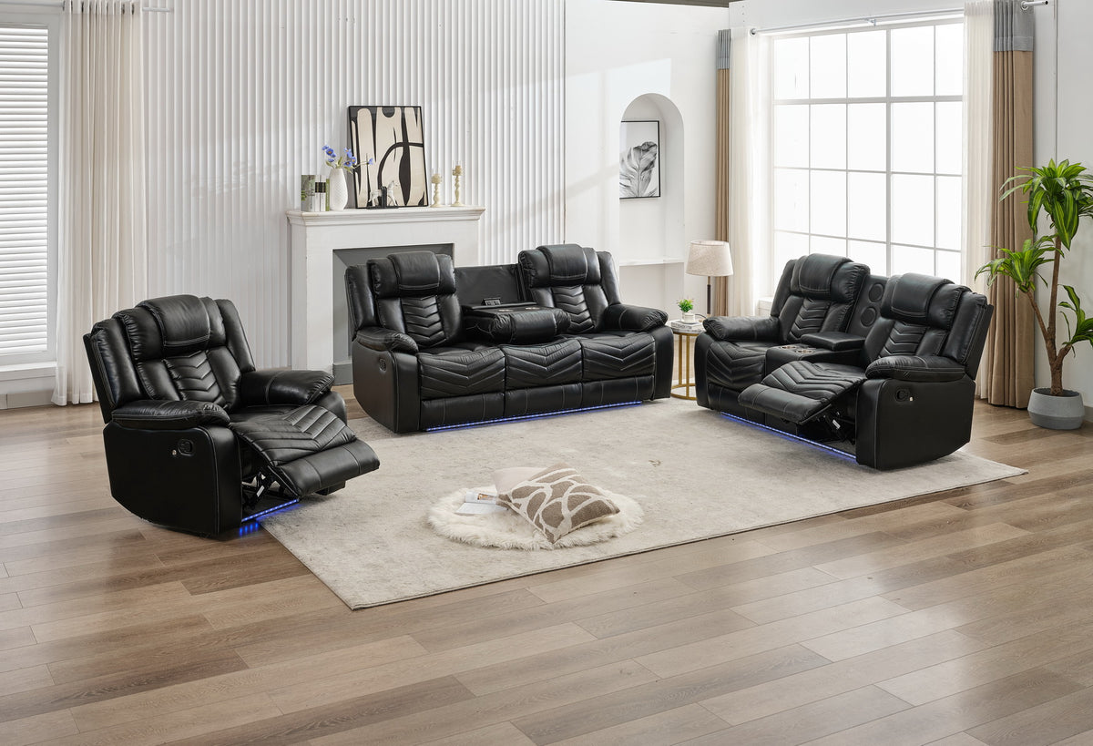 MS Power M073 321 3 Pieces Power Reclining Sofa Sets,Technical leather Power reclining Loveseat Power recliner w/ wireless charger / LED strip for Living Room,Black
