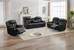 MS Power M073 321 3 Pieces Power Reclining Sofa Sets,Technical leather Power reclining Loveseat Power recliner w/ wireless charger / LED strip for Living Room,Black
