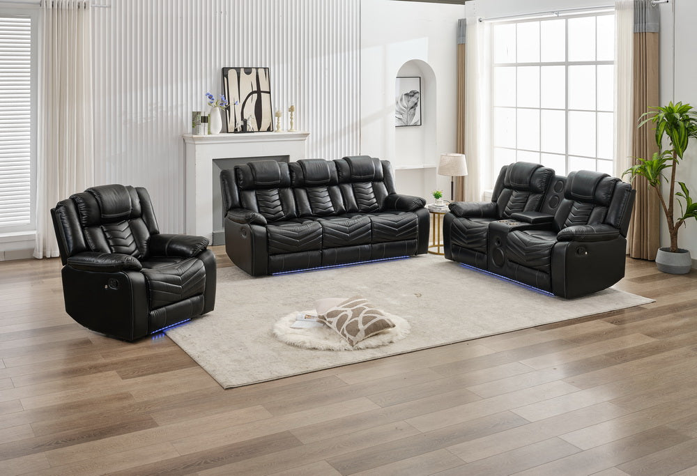 MS Power M073 321 3 Pieces Power Reclining Sofa Sets,Technical leather Power reclining Loveseat Power recliner w/ wireless charger / LED strip for Living Room,Black