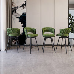 26" Bar Chair Suede Woven Bar Stool Set of 4,Black legs Barstools No Adjustable Kitchen Island Chairs,360 Swivel Bar Stools Upholstered Bar Chair Counter Stool Arm Chairs with Back Footrest (Green)