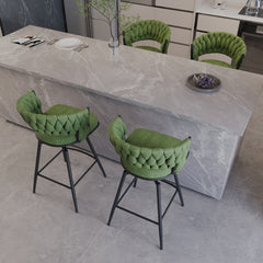 26" Bar Chair Suede Woven Bar Stool Set of 4,Black legs Barstools No Adjustable Kitchen Island Chairs,360 Swivel Bar Stools Upholstered Bar Chair Counter Stool Arm Chairs with Back Footrest (Green)